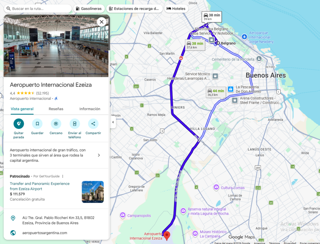 Mapa del recorrido de traslado privado desde Belgrano al Aeropuerto Internacional de Ezeiza.